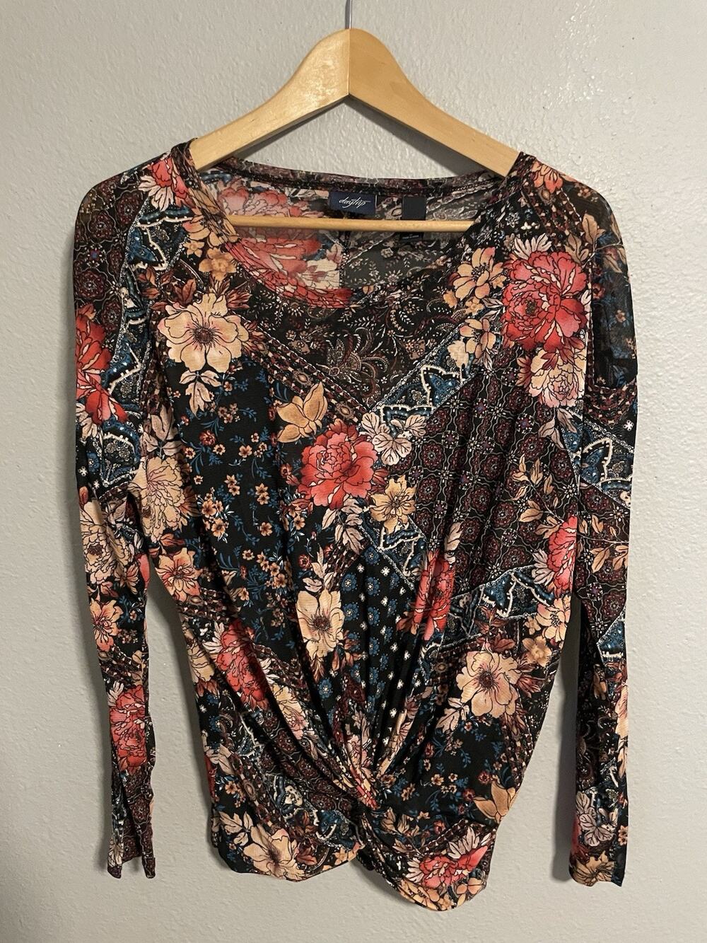 Daytrip Womens Top Small Black Floral Mesh Sheer Faux Wrap Romantic Whimsigoth